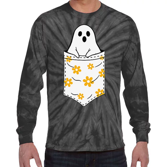 Funny Cute Ghost In A Pocket Funny Halloween Tie-Dye Long Sleeve Shirt