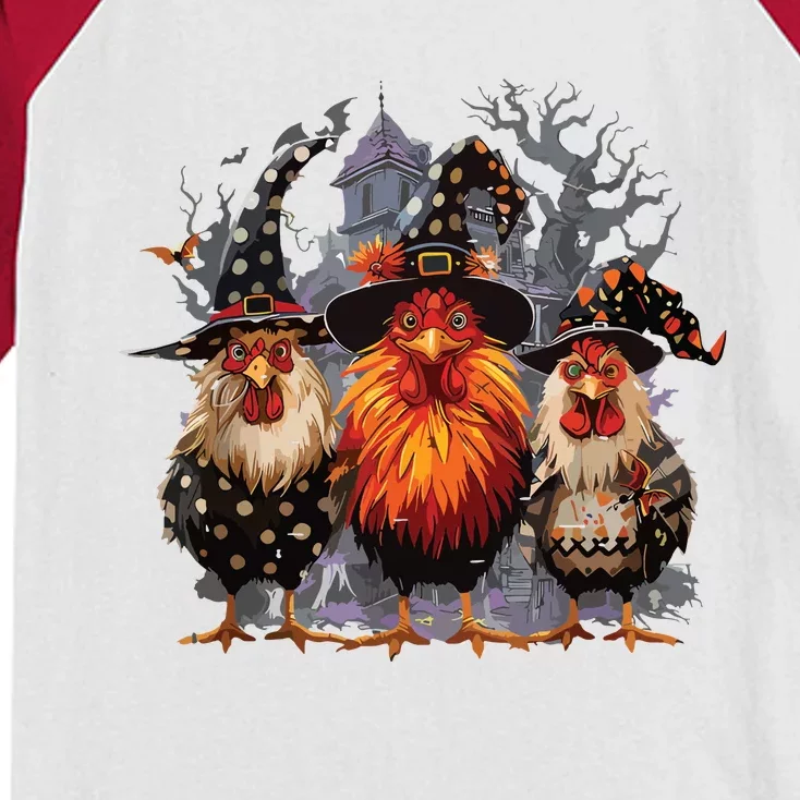 Funny Chicken Halloween Costume Spooky Season Chickens Witch Kids Colorblock Raglan Jersey