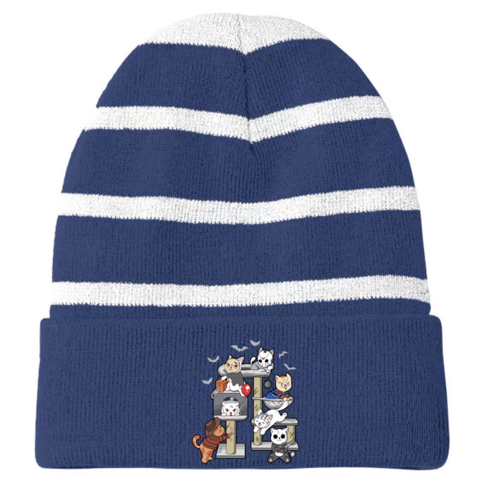 Funny Cat Horror Movies Cute Halloween Cat Lovers Matching Striped Beanie with Solid Band