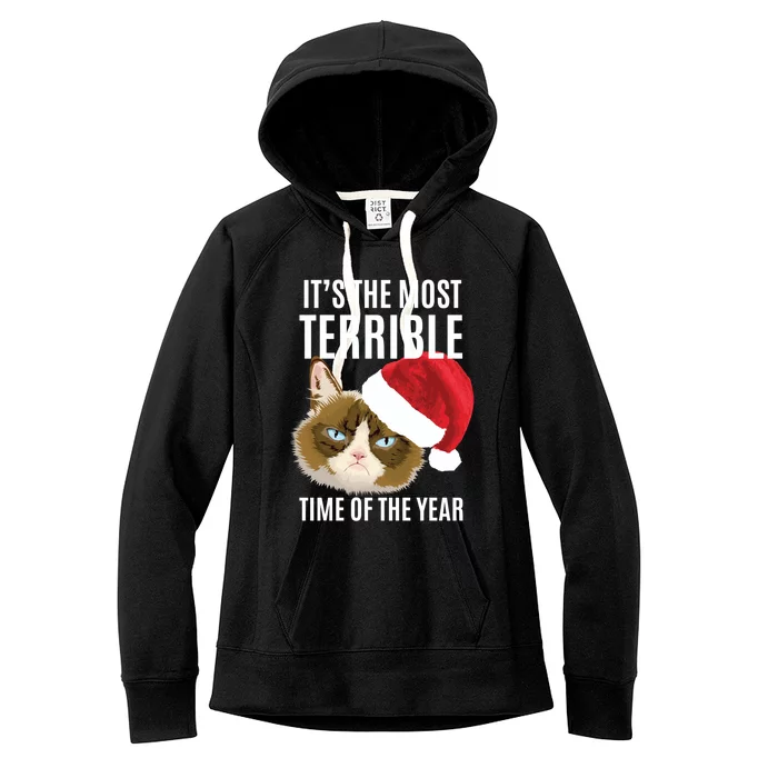 Funny Cat Hates Christmas Most Terrible Time Of The Year Gift Women's Fleece Hoodie