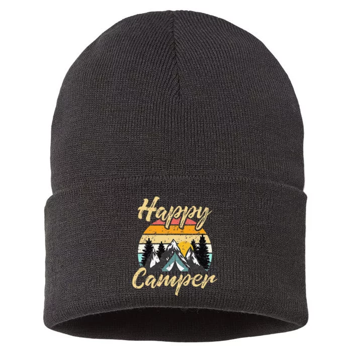 Funny Camping Hiking Lover Present Happy Camper Sustainable Knit Beanie