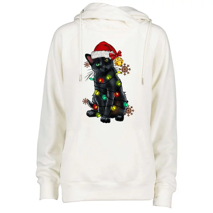 Funny Christmas Holiday Santa Black Cat Christmas Tree Light Gift Womens Funnel Neck Pullover Hood