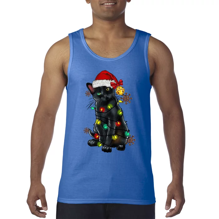 Funny Christmas Holiday Santa Black Cat Christmas Tree Light Gift Tank Top