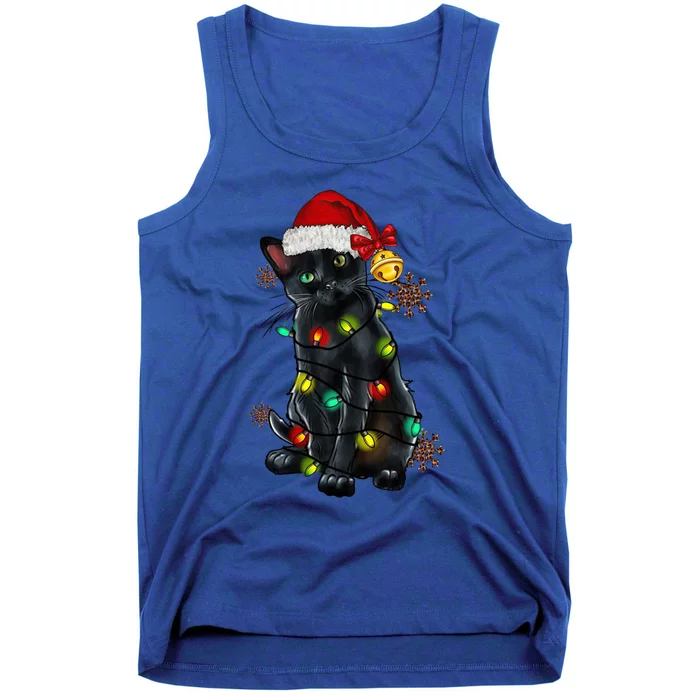 Funny Christmas Holiday Santa Black Cat Christmas Tree Light Gift Tank Top