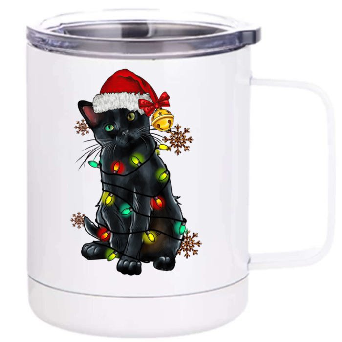 Funny Christmas Holiday Santa Black Cat Christmas Tree Light Gift Front & Back 12oz Stainless Steel Tumbler Cup