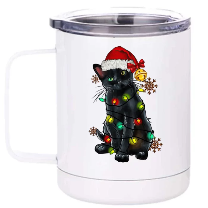 Funny Christmas Holiday Santa Black Cat Christmas Tree Light Gift Front & Back 12oz Stainless Steel Tumbler Cup