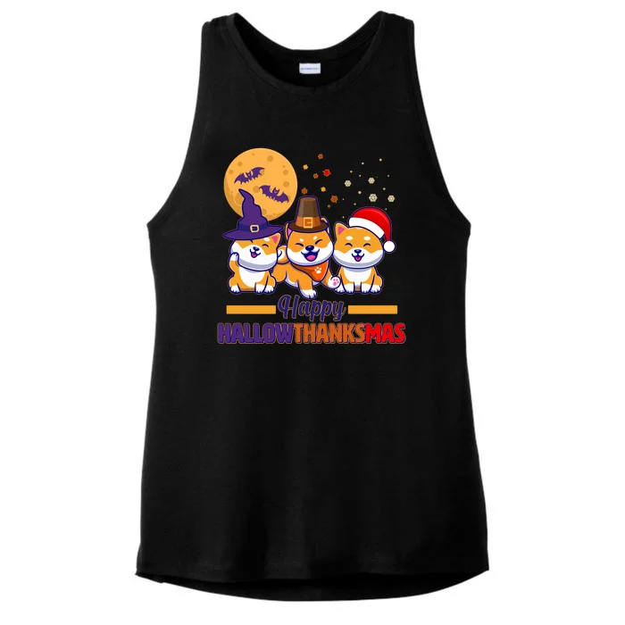 Funny Cute Happy HallowThanksMas Shiba Inu Dogs Ladies Tri-Blend Wicking Tank