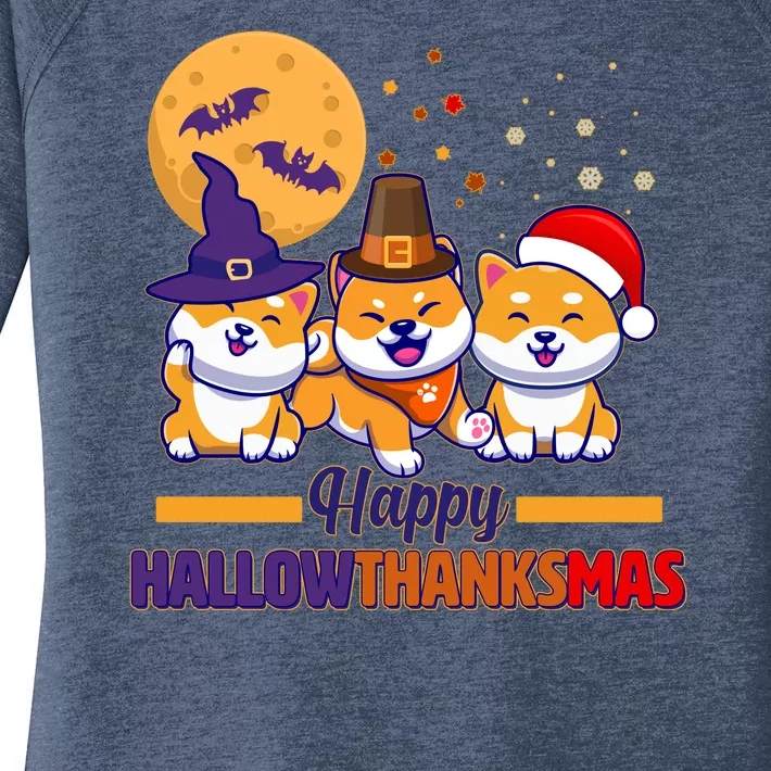 Funny Cute Happy HallowThanksMas Shiba Inu Dogs Women's Perfect Tri Tunic Long Sleeve Shirt