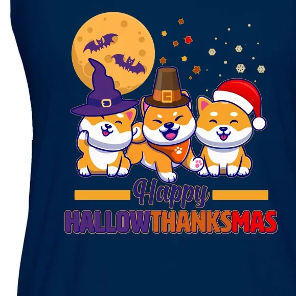 Funny Cute Happy HallowThanksMas Shiba Inu Dogs Ladies Essential Flowy Tank