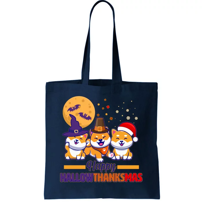 Funny Cute Happy HallowThanksMas Shiba Inu Dogs Tote Bag