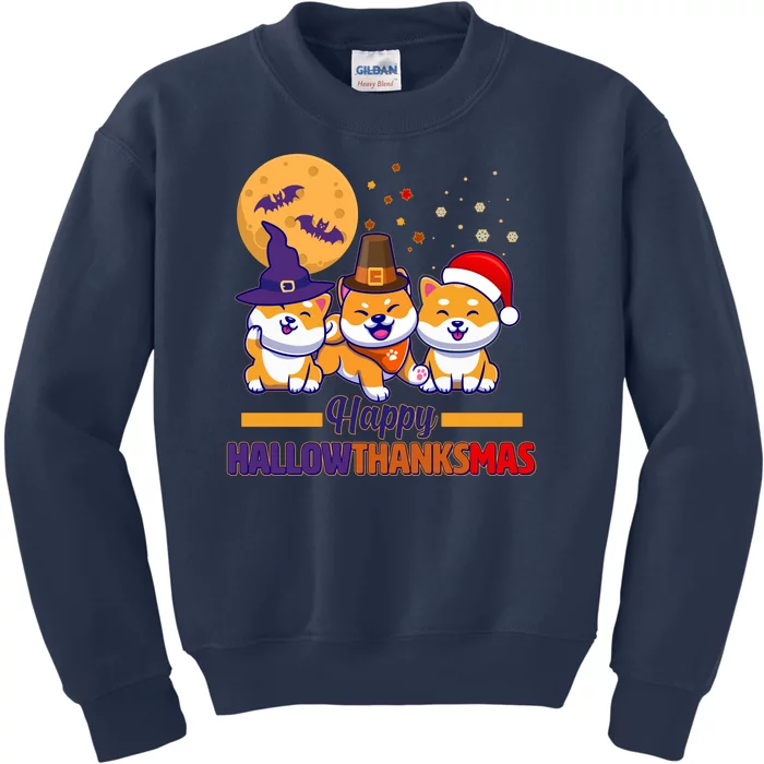 Funny Cute Happy HallowThanksMas Shiba Inu Dogs Kids Sweatshirt