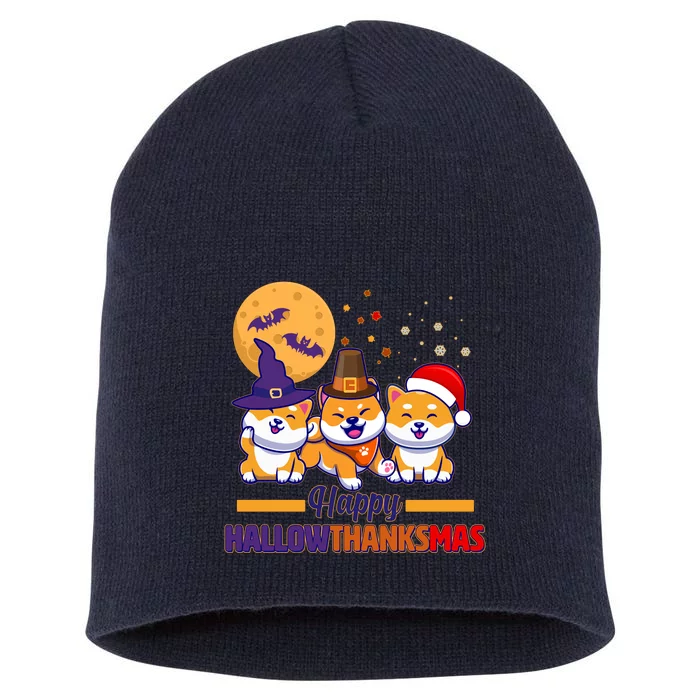 Funny Cute Happy HallowThanksMas Shiba Inu Dogs Short Acrylic Beanie