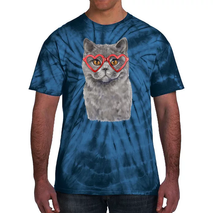 Funny Cat Heart Glasses Valentine's Day British Shorthair Tie-Dye T-Shirt