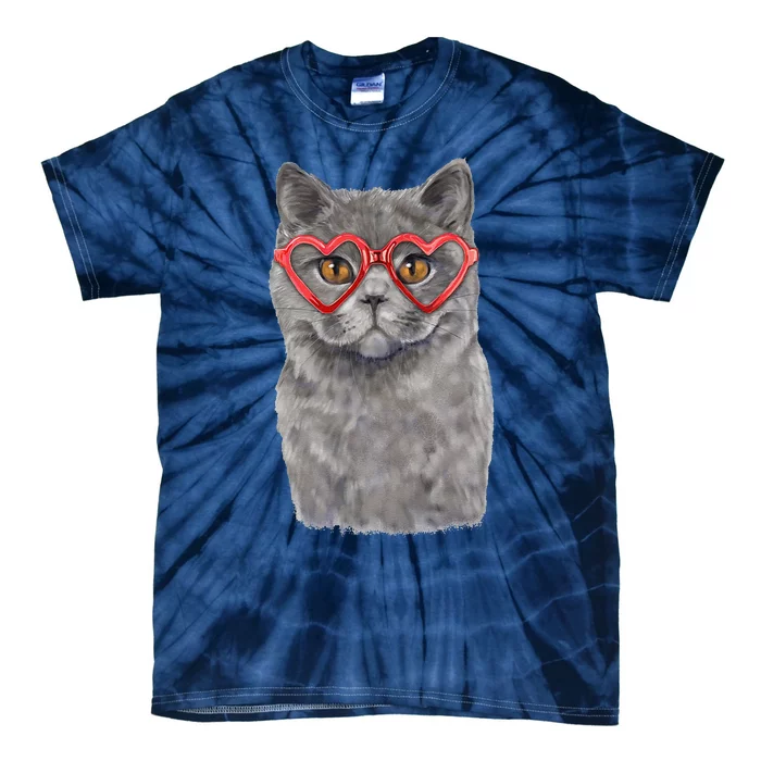 Funny Cat Heart Glasses Valentine's Day British Shorthair Tie-Dye T-Shirt