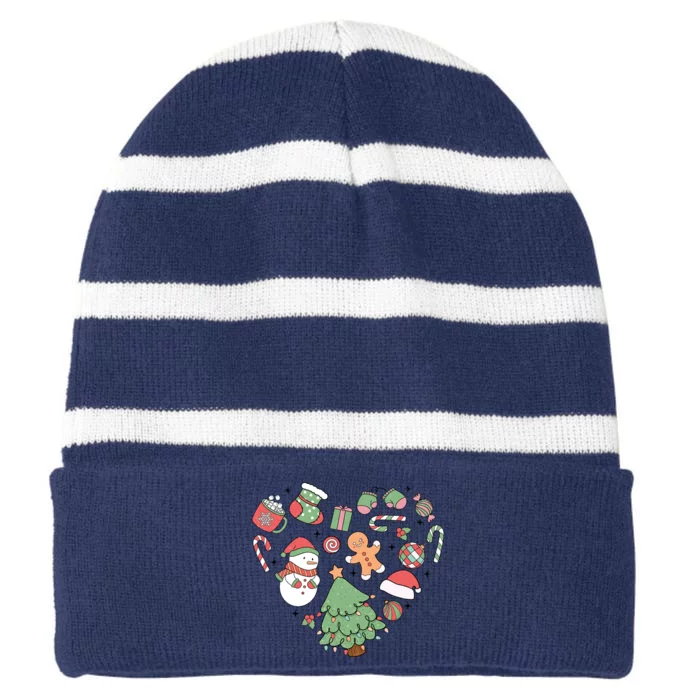 Festive Christmas Heart Holiday Striped Beanie with Solid Band