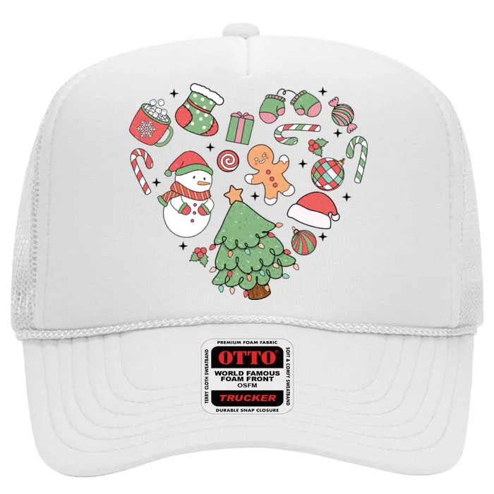 Festive Christmas Heart Holiday High Crown Mesh Trucker Hat