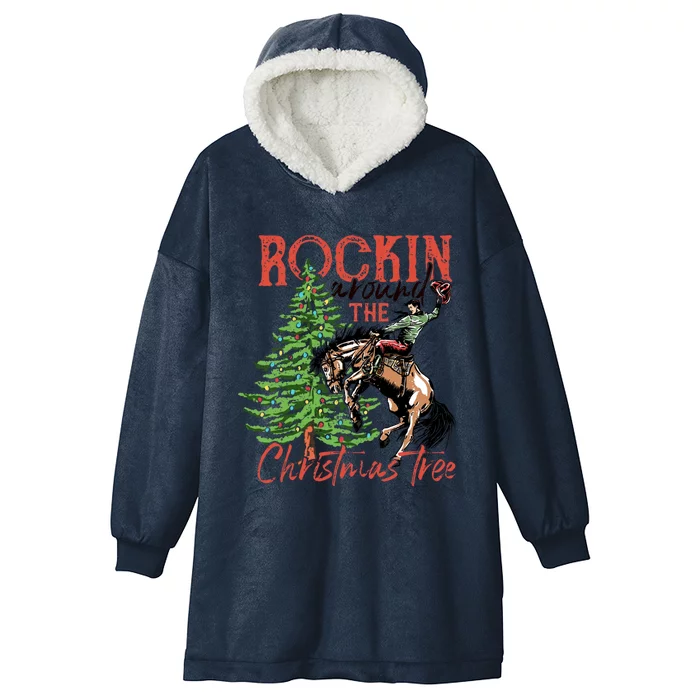 Funny Cowboy Horsing Rocking Around Christmas Tree Western Hooded Wearable Blanket