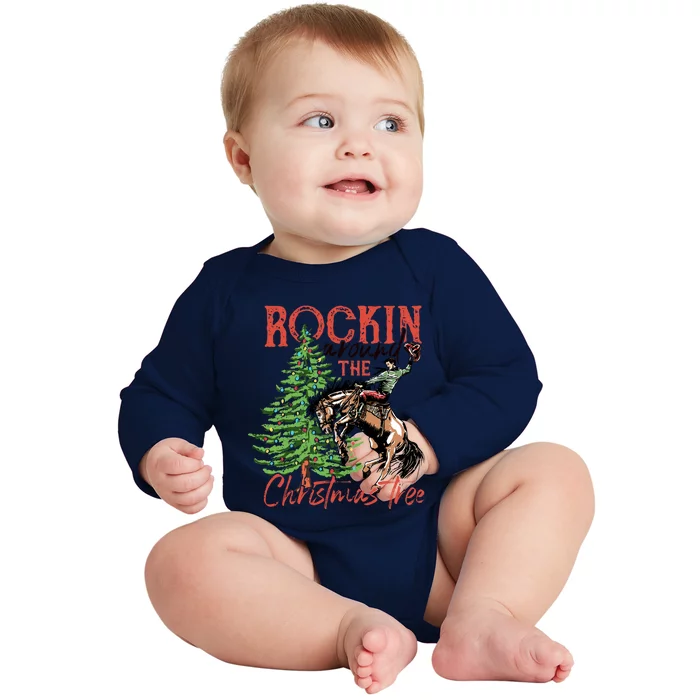 Funny Cowboy Horsing Rocking Around Christmas Tree Western Baby Long Sleeve Bodysuit