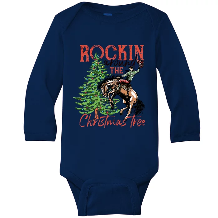 Funny Cowboy Horsing Rocking Around Christmas Tree Western Baby Long Sleeve Bodysuit