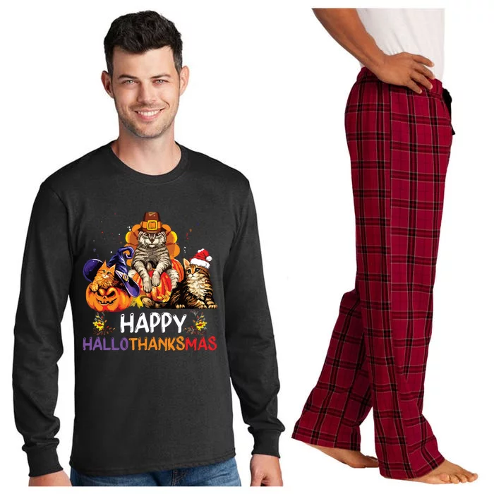 Funny Cat Happy Hallothanksmas Halloween Christmas Long Sleeve Pajama Set