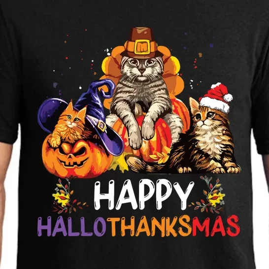 Funny Cat Happy Hallothanksmas Halloween Christmas Pajama Set