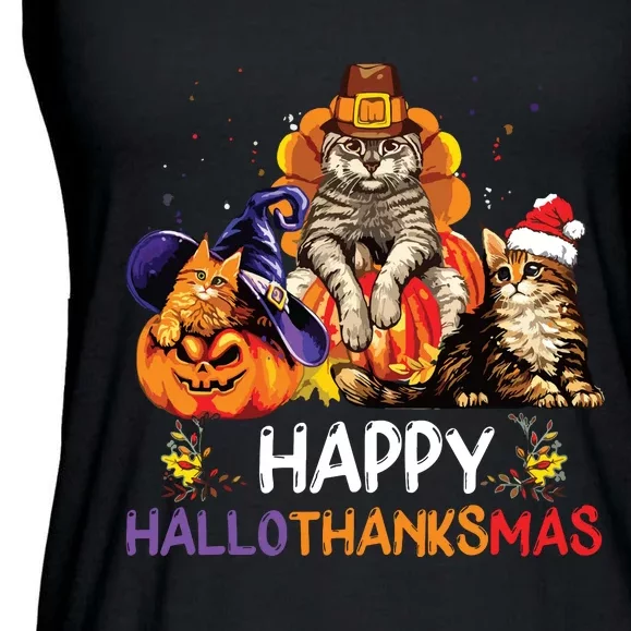 Funny Cat Happy Hallothanksmas Halloween Christmas Ladies Essential Flowy Tank