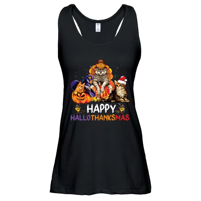 Funny Cat Happy Hallothanksmas Halloween Christmas Ladies Essential Flowy Tank