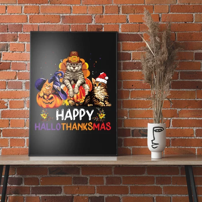 Funny Cat Happy Hallothanksmas Halloween Christmas Poster