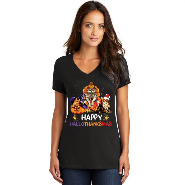 Funny Cat Happy Hallothanksmas Halloween Christmas Women's V-Neck T-Shirt