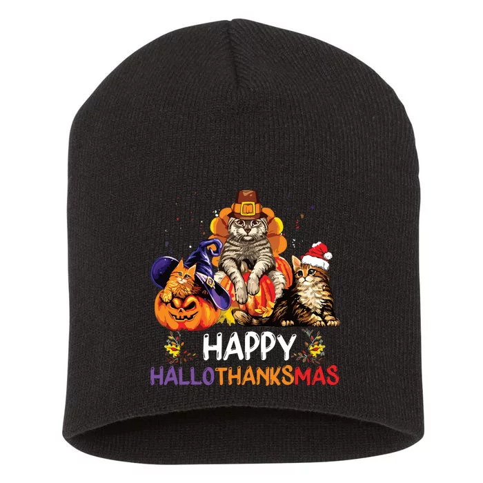 Funny Cat Happy Hallothanksmas Halloween Christmas Short Acrylic Beanie