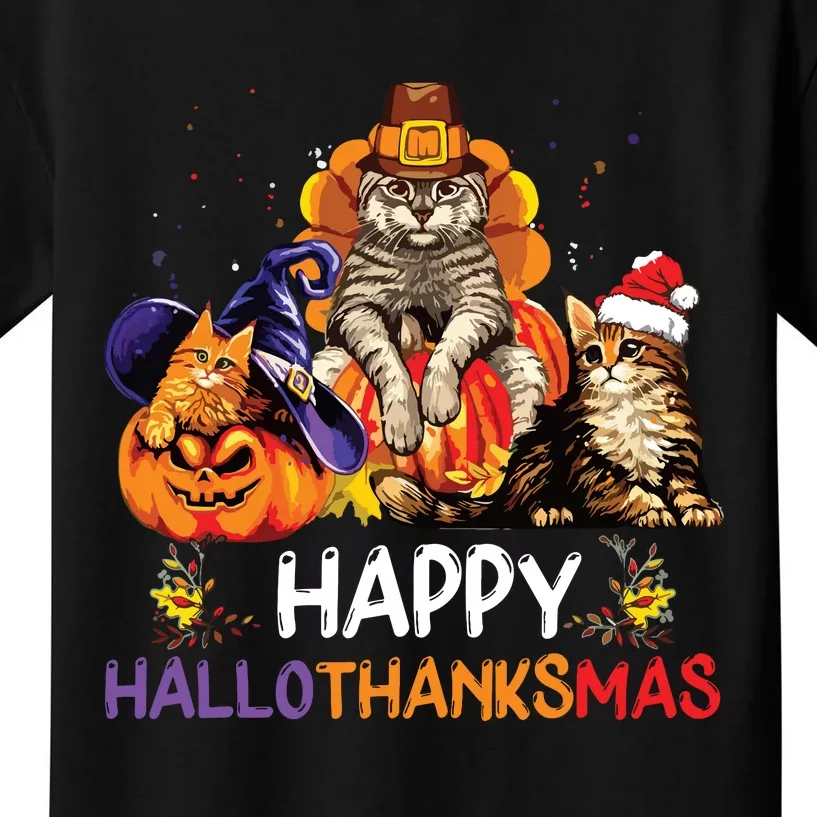 Funny Cat Happy Hallothanksmas Halloween Christmas Kids T-Shirt