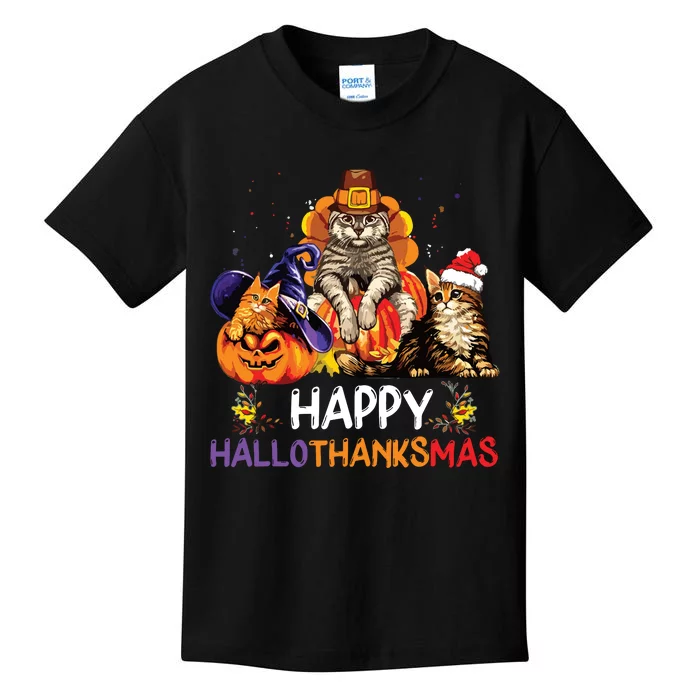 Funny Cat Happy Hallothanksmas Halloween Christmas Kids T-Shirt