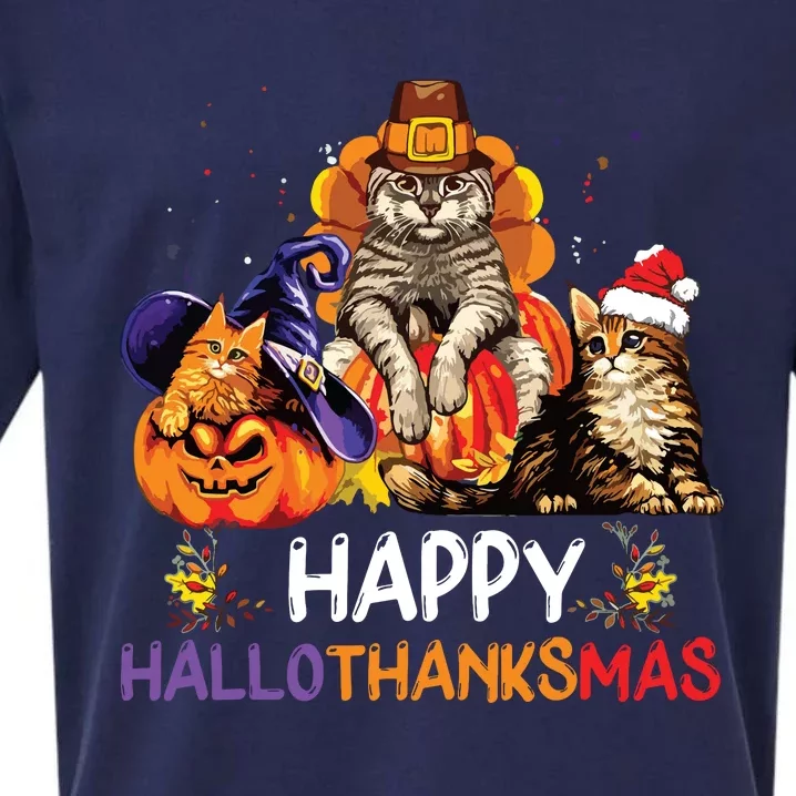 Funny Cat Happy Hallothanksmas Halloween Christmas Sueded Cloud Jersey T-Shirt