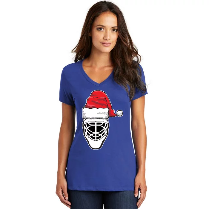 Funny Christmas Hockey Goalie Mask Santa Hat Xmas Gift Women's V-Neck T-Shirt