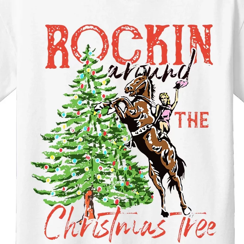 Funny Cowgirl Horsing Rocking Around Christmas Tree Western Kids T-Shirt