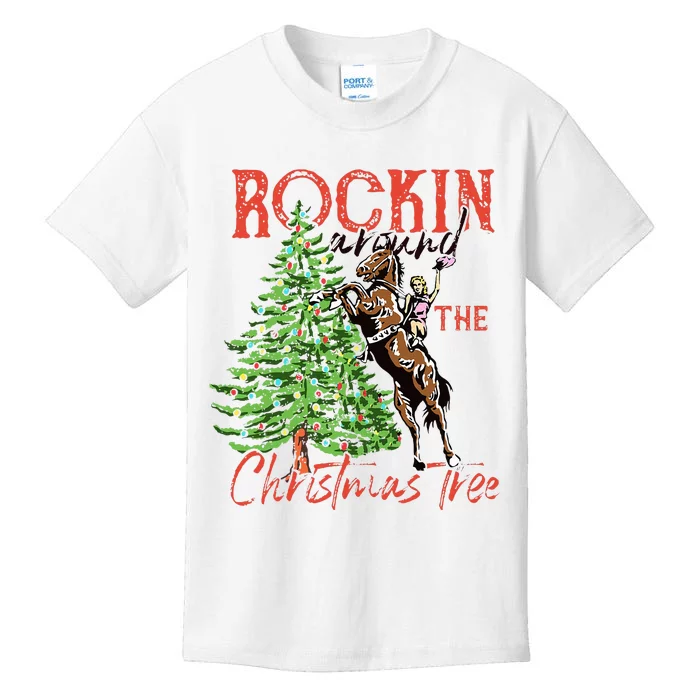 Funny Cowgirl Horsing Rocking Around Christmas Tree Western Kids T-Shirt