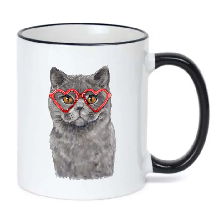 Funny Cat Heart Glasses Valentines Day British Shorthair Black Color Changing Mug