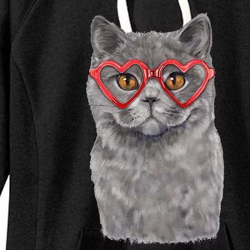 Funny Cat Heart Glasses Valentines Day British Shorthair Women's Fleece Hoodie