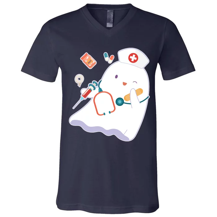 Funny Cute Halloween Nurse Ghost V-Neck T-Shirt