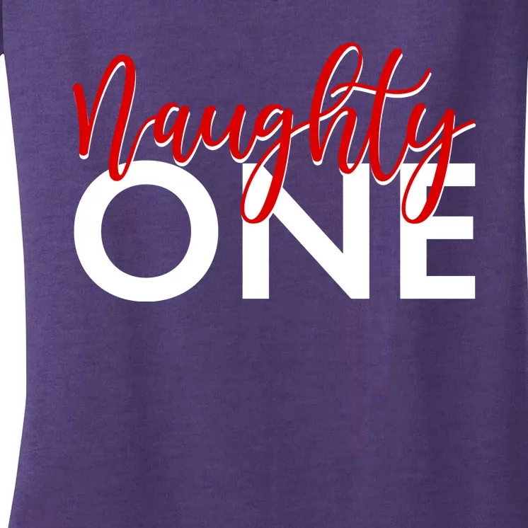 Funny Christmas Holiday Matching Shirt Naughty One Women's V-Neck T-Shirt