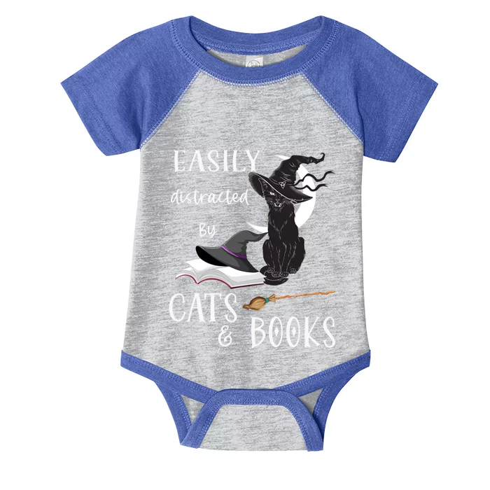 Funny Cat Halloween Tee Easily Distracted By Cats And Books Gift Infant Baby Jersey Bodysuit