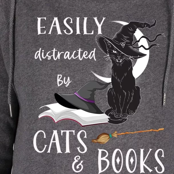 Funny Cat Halloween Tee Easily Distracted By Cats And Books Gift Womens Funnel Neck Pullover Hood