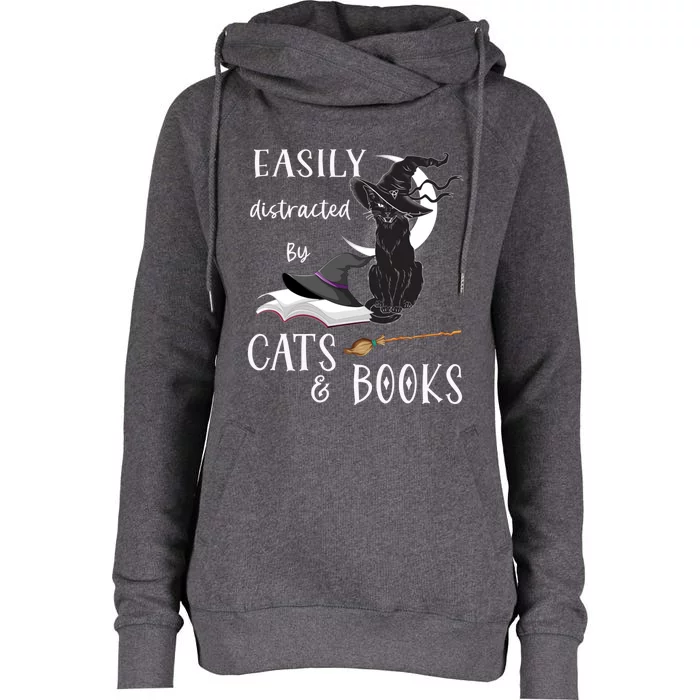 Funny Cat Halloween Tee Easily Distracted By Cats And Books Gift Womens Funnel Neck Pullover Hood