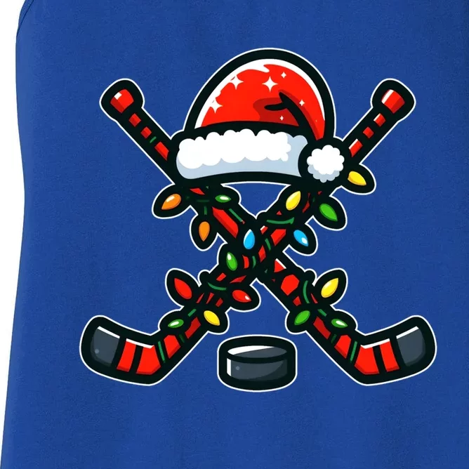 Funny Christmas Hockey Sticks Santa Hat Sports Lovers Player Cool Gift Women's Racerback Tank