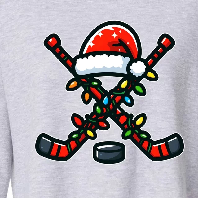 Funny Christmas Hockey Sticks Santa Hat Sports Lovers Player Cool Gift Cropped Pullover Crew