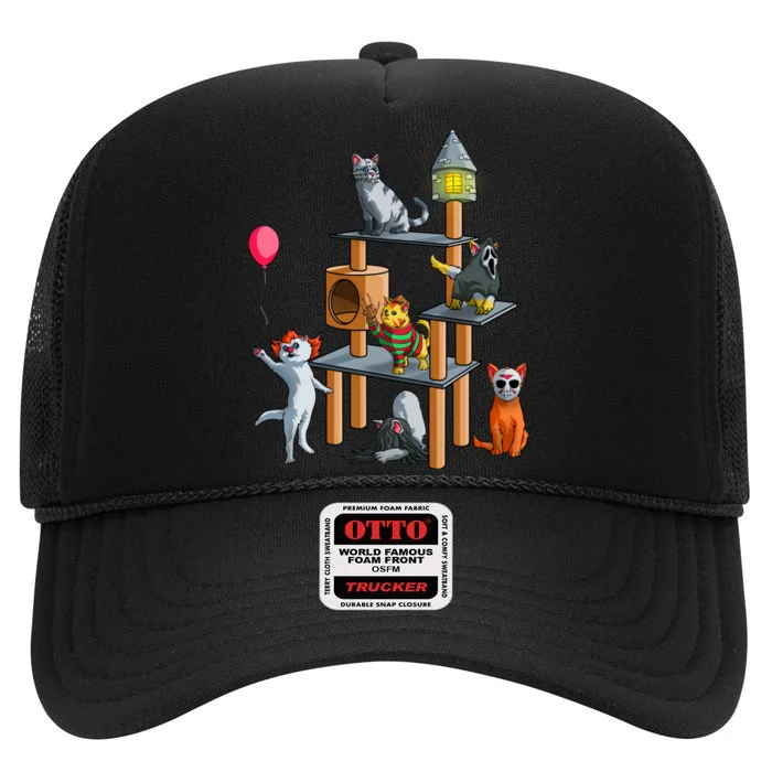 Funny Cat Horror Movies Cute Halloween for Cat Kitty Lovers High Crown Mesh Trucker Hat