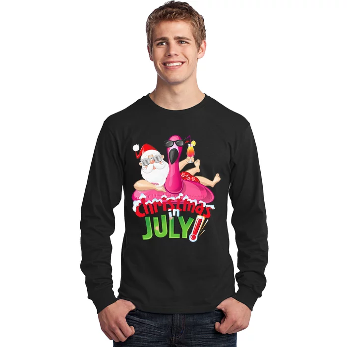 Funny Christmas in July Summer Flamingo Float Xmas Long Sleeve Shirt