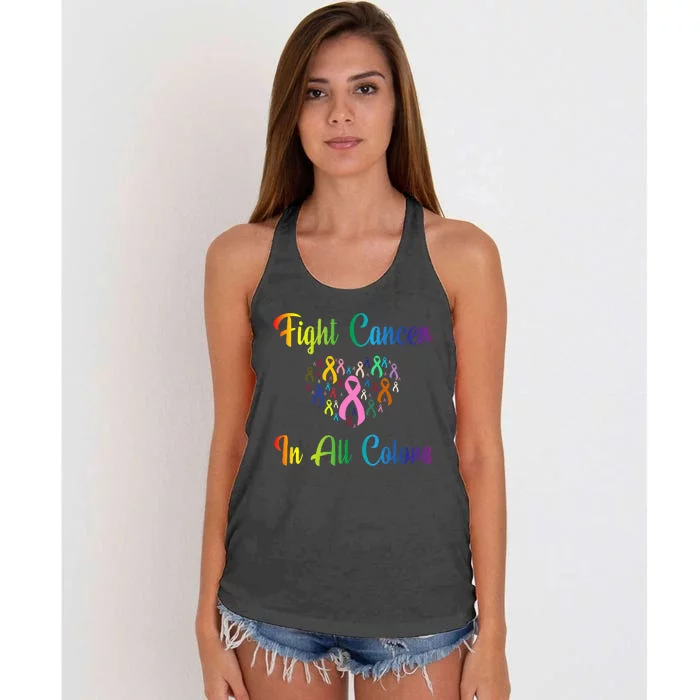 Fight Cancer In All Color Ribbon Cancer Awareness Month Women's Knotted Racerback Tank