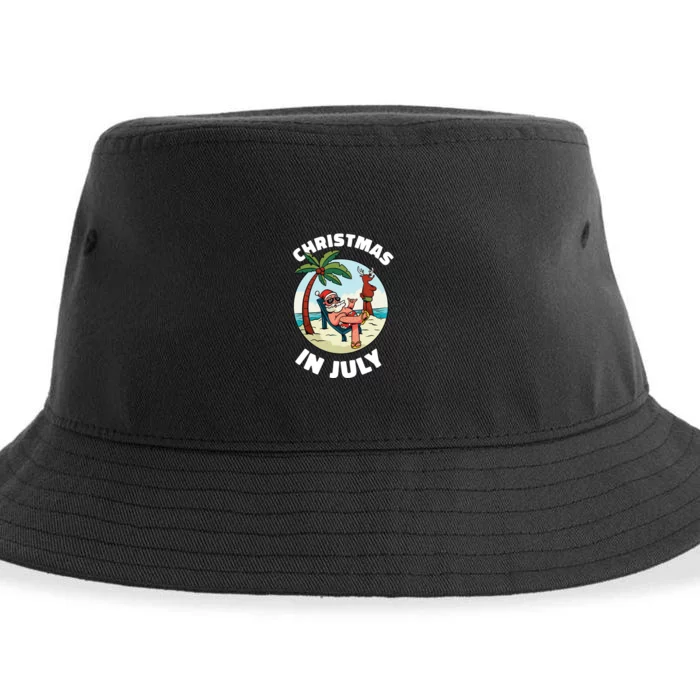 Funny Christmas In July Summer Santa On Beach Xmas Sustainable Bucket Hat