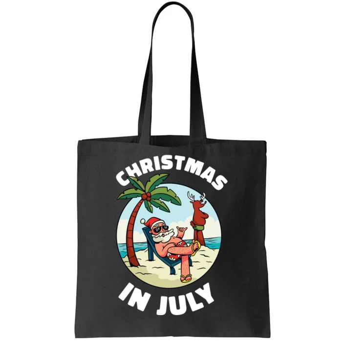 Funny Christmas In July Summer Santa On Beach Xmas Tote Bag